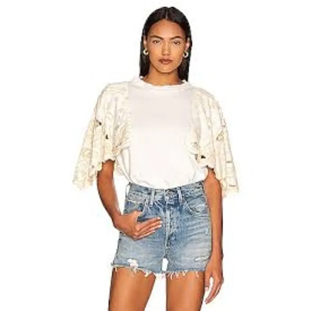 Free People Angel Tee in Ivory, Embroidered Flutter Angelic Sleeves, Sz S, NEW